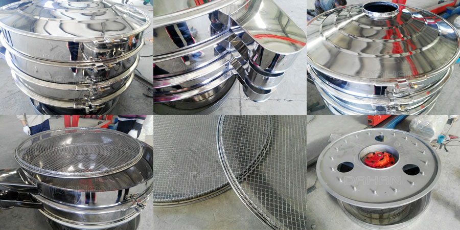 紅薯淀粉振動篩細節(jié)展示：鎖緊扣，出料口，防塵蓋，網(wǎng)架，篩網(wǎng)，振動底座。