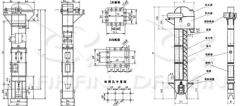 TD/D型斗式提升機基本結構:機頭蓋，機頭座，減速電機，直管，底座，緊張裝置等。