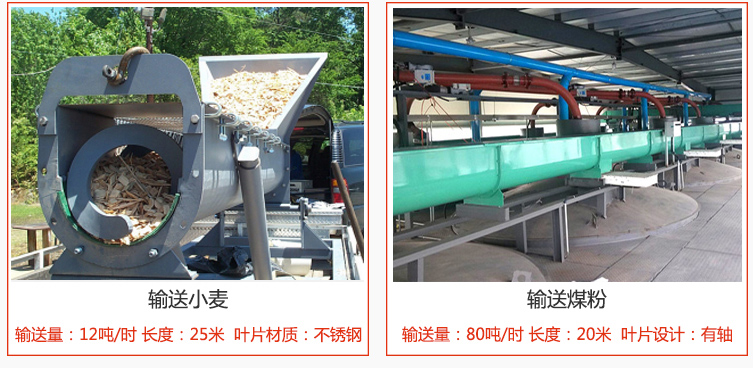 絞龍螺旋輸送機輸送小麥輸送量在12噸/時，長度為25米，葉片采用不銹鋼材質；輸送水泥輸送量在80噸/時，長度為20米，葉片設計為有軸。