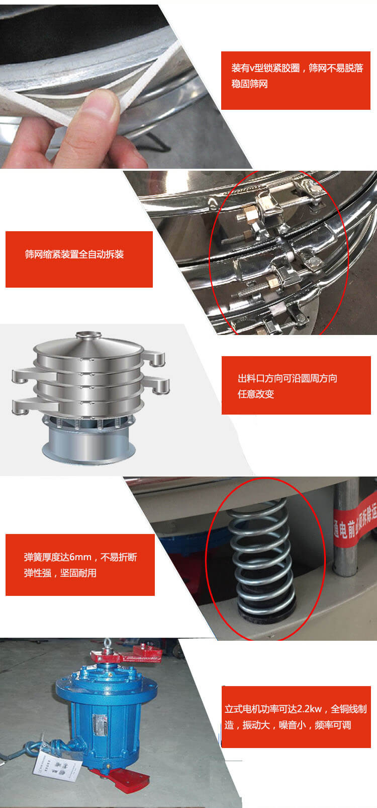 裝有V型鎖緊膠圈,使篩網不易脫落穩(wěn)固篩網,篩網鎖緊裝置,全自動拆裝,出料口方向可沿圓周方向任意改變。彈簧厚度達6mm,不易折斷,彈性強,堅固耐用。專業(yè)的振動電機,全銅線制造,振動大,機械噪音小,頻率可調。產品對比:材質:大漢振動篩廠家采用304不銹鋼材質耐腐蝕性,耐熱性強。個別廠家采用其它金屬材質,耐腐蝕性,耐熱性差蒸發(fā)緩慢,烘干效率較低。大漢振動篩廠家采用金屬編織網,篩分精度高,效率高,篩網利用率高。