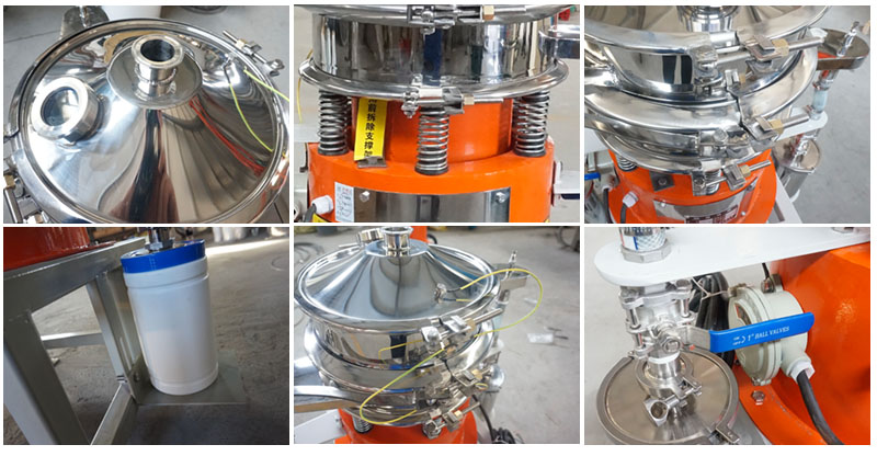 氣體保護超聲波振動篩細節:控制閥,料罐,篩網。