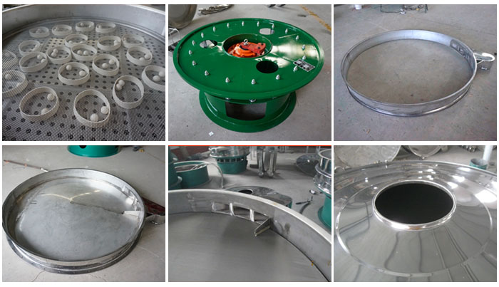 大型旋振篩細節(jié)：大型旋振篩篩網(wǎng)，大型旋振篩篩框，大型旋振篩防塵蓋。