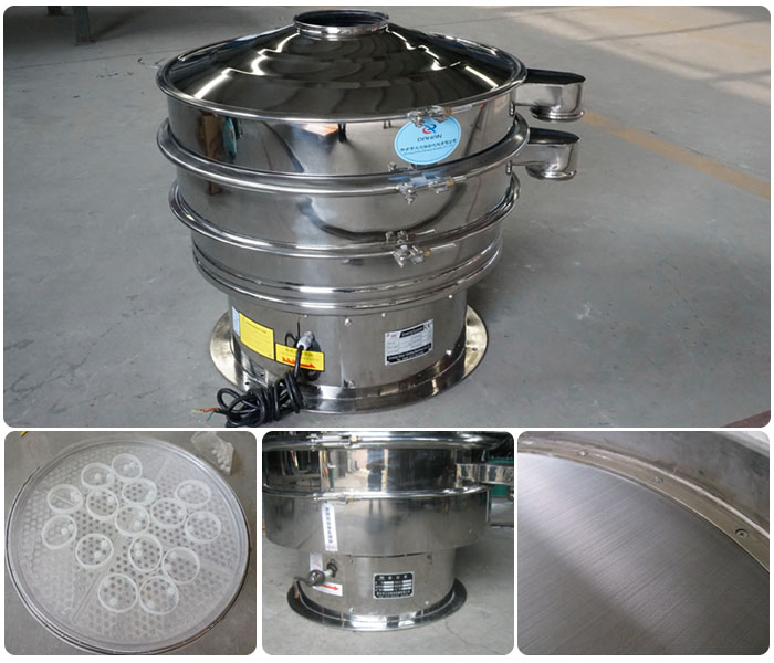 1000型全不銹鋼振動篩細節展示:振動篩網,震動篩底座,振動篩篩網。