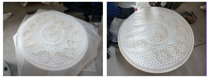 直徑1000型塑料振動篩換網第一步準備網架平鋪細網,固定細網剪去多余細網。