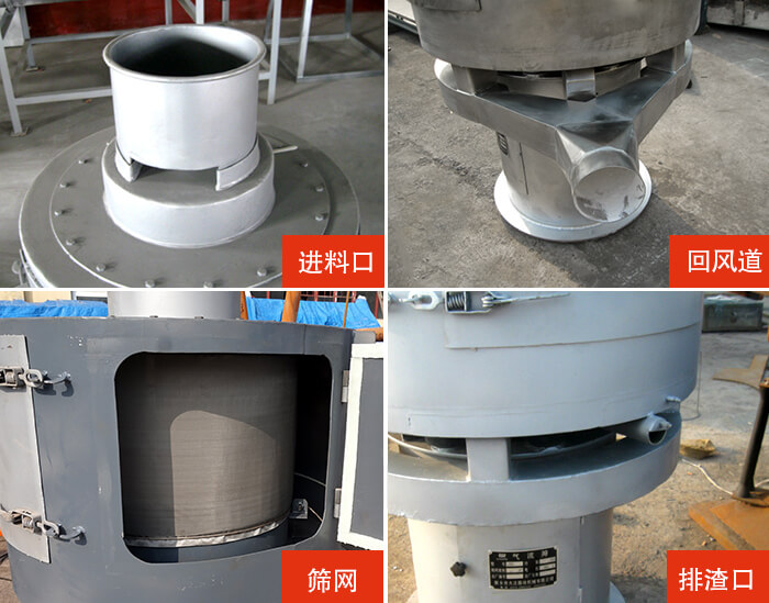 氣流篩分機進料口，回風道，篩網，排渣口。