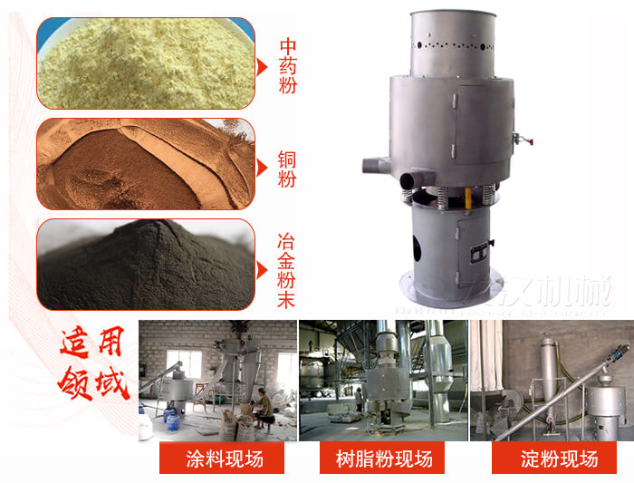 氣流篩分機主要適用物料有中藥粉，銅粉，冶金粉末等。