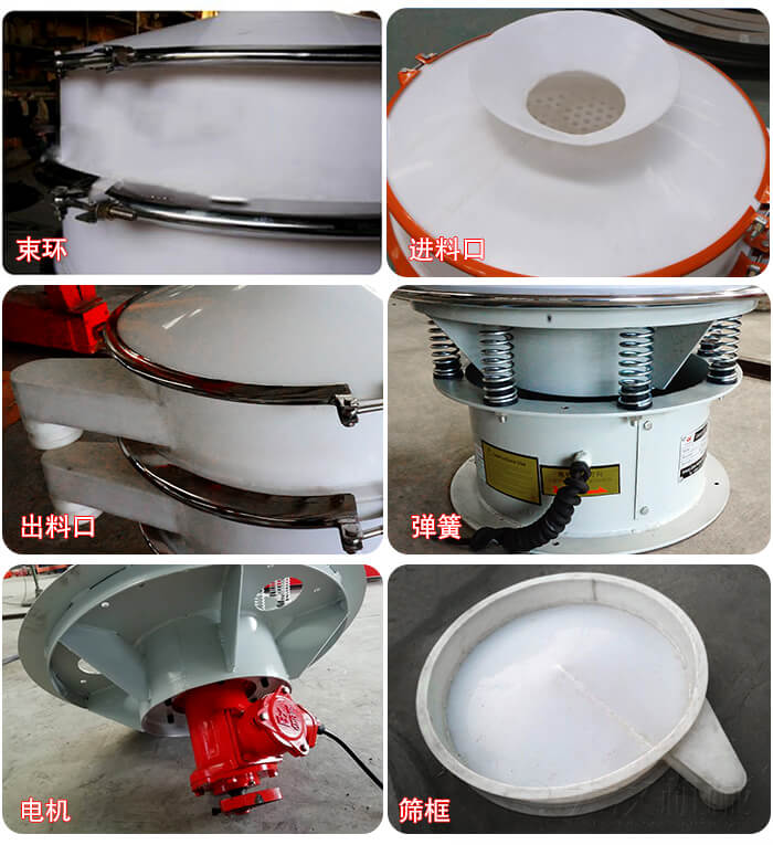 塑料防腐蝕振動篩細節:進料口,框體,網架底框,出料口等。
