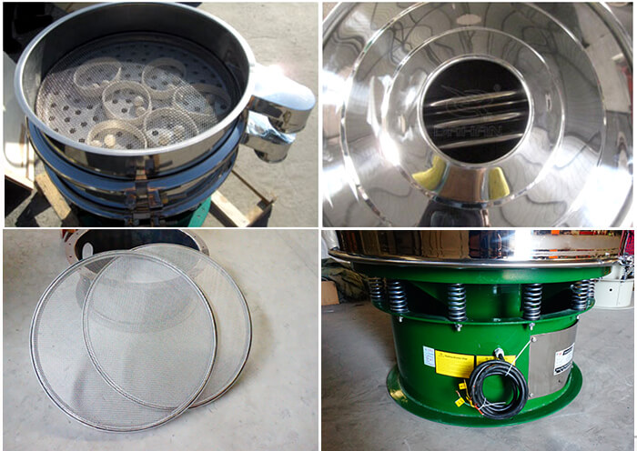 單層振動(dòng)篩細(xì)節(jié):篩網(wǎng),進(jìn)料口,振動(dòng)彈簧,彈跳球。